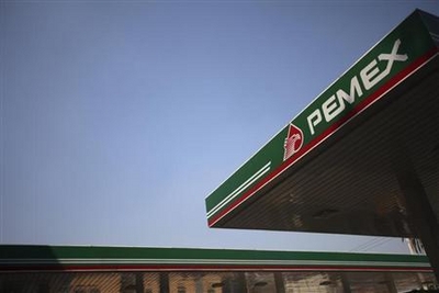 The logo of Mexican petroleum company Pemex is seen on a tank gas at gas station in Mexico City